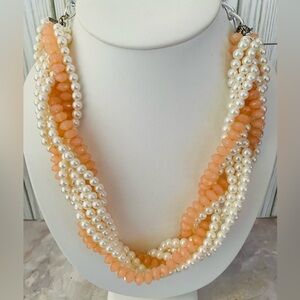 Torsade Necklace Faux Pearl and Peach Beads